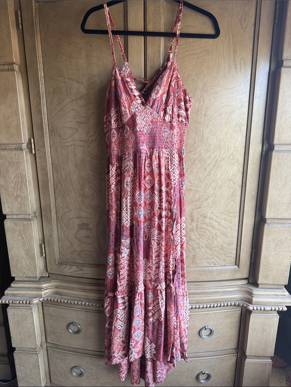 Angie 🔥🌴 BOHO Sundress Red Patterned Maxi Dress -with smocked elastic waist